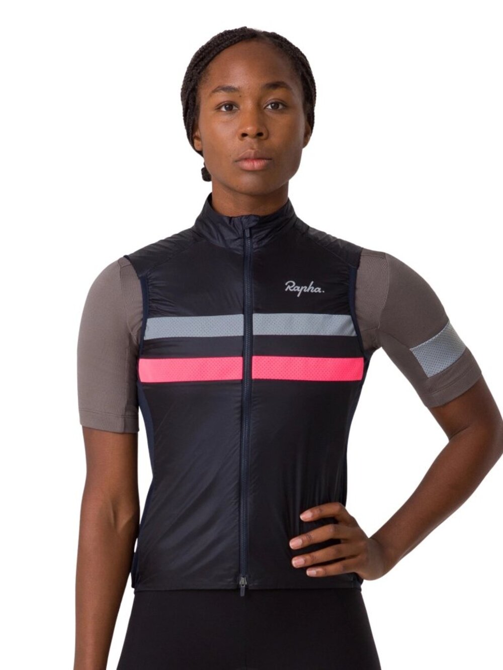 Rapha Black Vest/Gilet with Pink and Light Gray Stripes